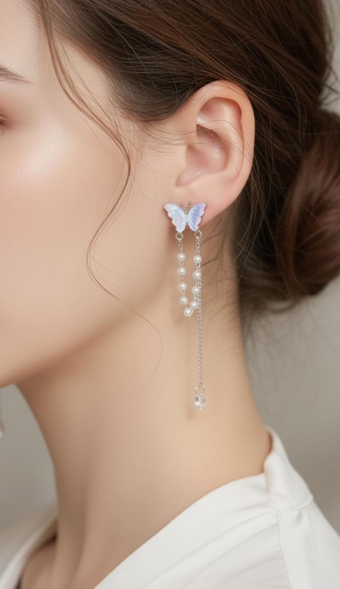 S925 Elegant Butterfly with Pearl Tassels Drop Earrings – Delicate, Feminine & Stylish Fashion Jewelry for Women & Girls golden(pair)