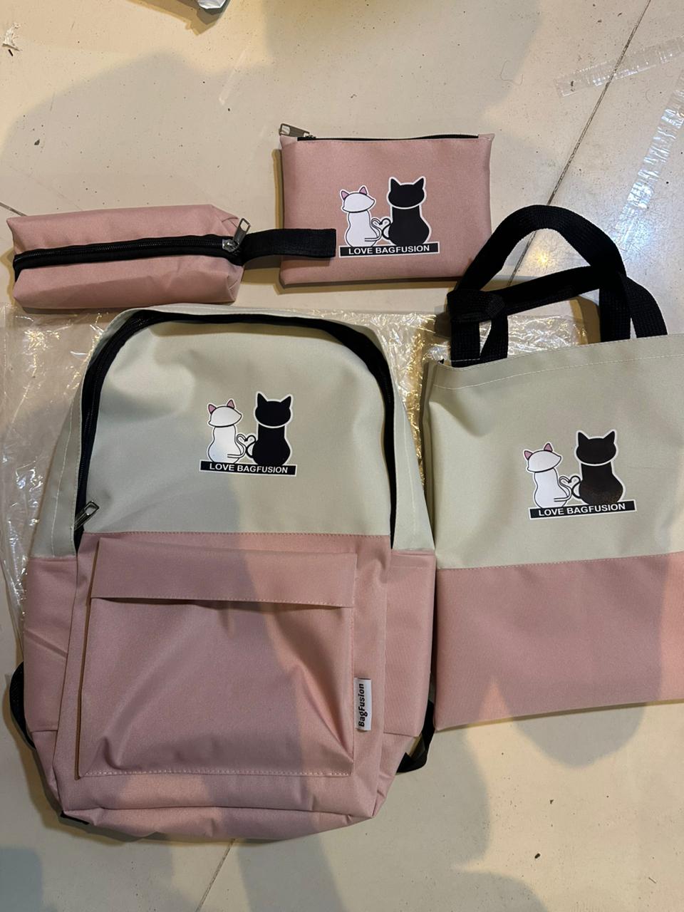 Cute Cat Print 5-in-1 School Bag Set for Girls – Backpack, Handbag, Crossbody Pouch, Pencil Case & Lunch Bag Stylish Combo black